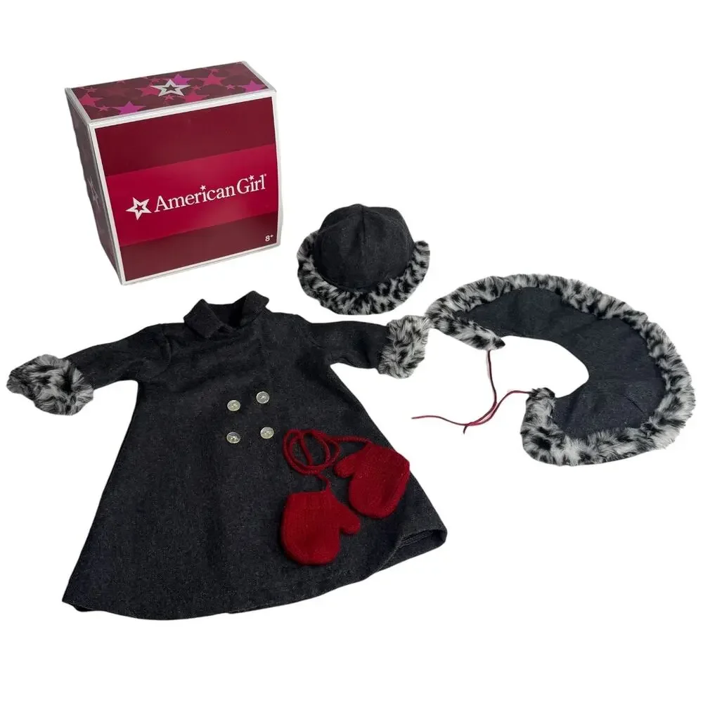 American Girl Doll Nellie Holiday Coat Hat & Mittens Faux Fur Animal Print Box